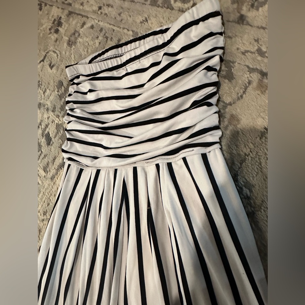 Striped Black and White Strapless Jumpsuit - Picture 8 of 9